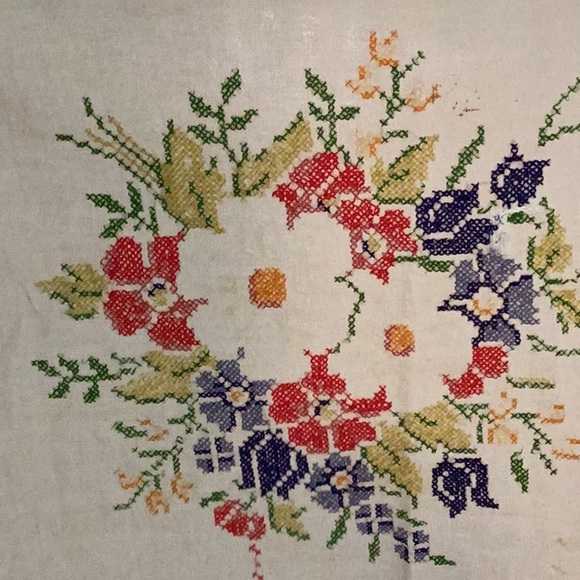 ⚜️ Hand Embroidered & Crocheted CROSS STITCH FLORAL TABLECLOTH VINTAGE RECTANGLE - Picture 2 of 15